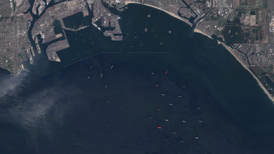 Satellite images show tankers off the coast of Port of L.A./Long Beach on April 23, 2020. (Sentinel-2/European Space Agency)