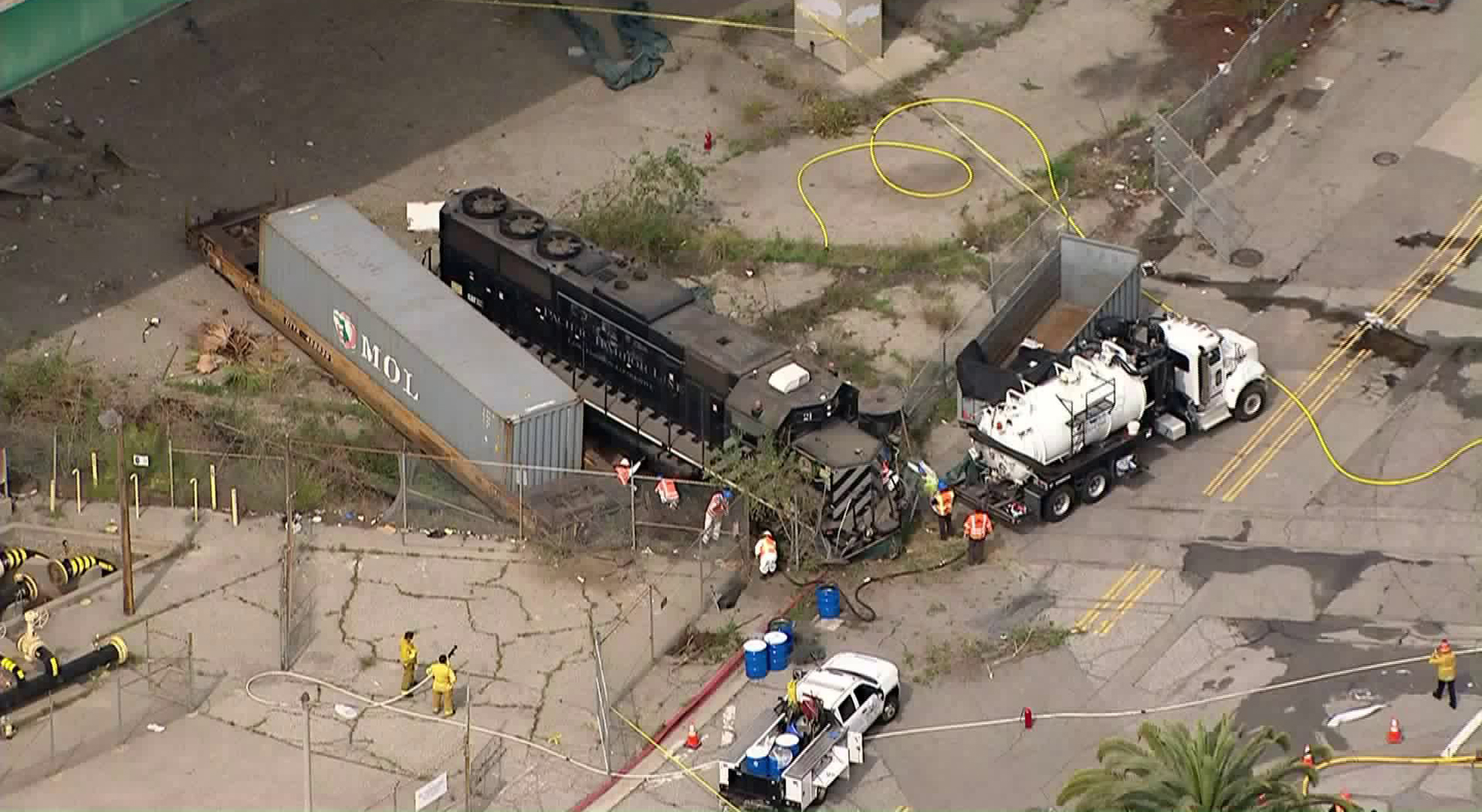 The scene of an allegedly intentional train derailment at the Port of Los Angeles, near where the USNS Mercy is docked, is seen on March 31, 2020. (Credit: KTLA)