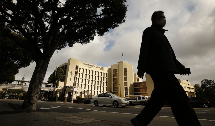 The Los Angeles Surge Hospital opened in April on the grounds of the shuttered St. Vincent Medical Center to treat COVID-19 patients. The surge facility, funded by the state, will close in June after seeing relatively few patients.(Al Seib / Los Angeles Times)