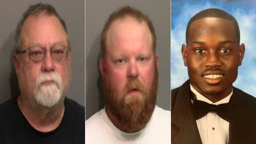 Gregory McMichael, left, and Travis McMichael, center, are seen in booking photos released May 7, 2020, by the Glynn County Sheriff’s Office to WJXT and provided to CNN. Ahmaud Arbery, at right, is seen in an image posted to runwithmaud.com.