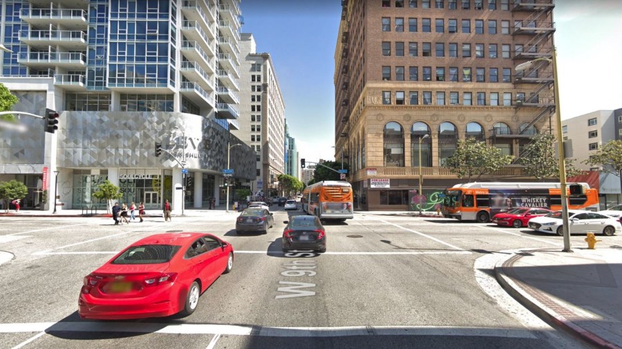 The intersection of Olive and 9th streets in downtown Los Angeles, as pictured in a Google Street View image.