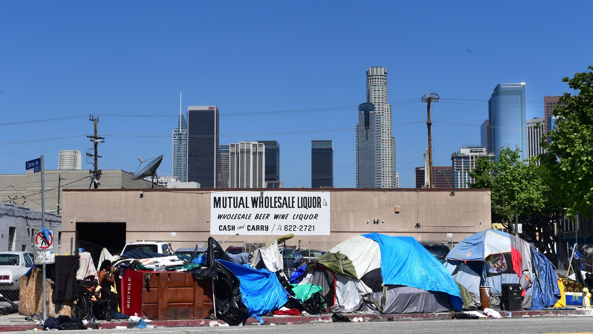 Tents housing the homeless line a street in downtown Los Angeles, California on April 22, 2020, amid the novel coronavirus pandemic. (Frederic J. BROWN/AFP/Getty Images)