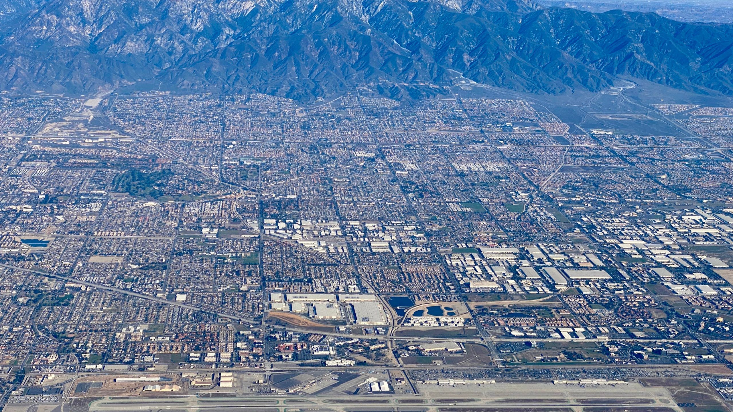 Aerial view of Ontario International Airport (ONT), San Bernardino County, situated 38 miles East of Los Angeles California, pictured on February 6, 2020. (DANIEL SLIM/AFP via Getty Images)