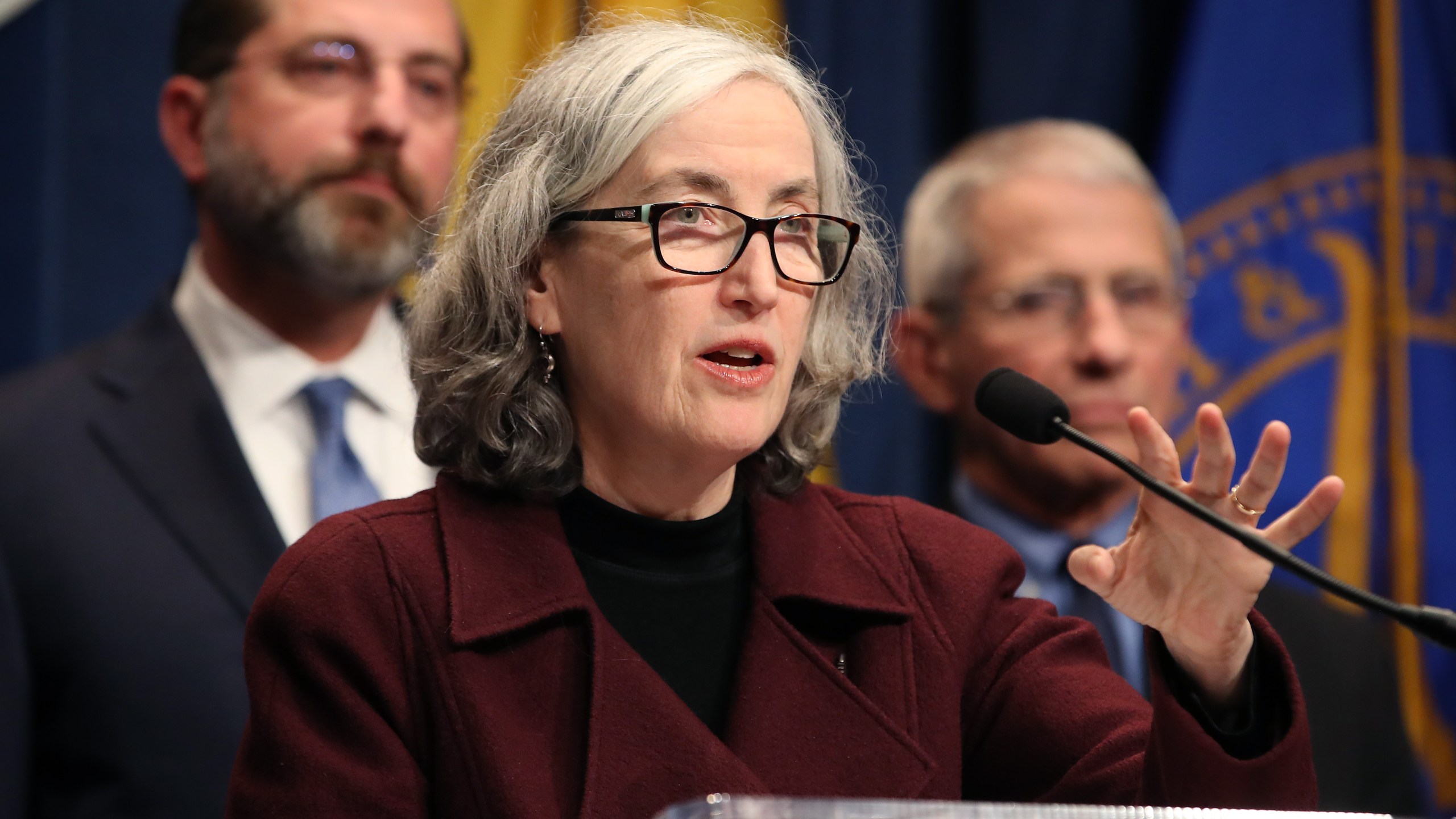 Centers for Disease Control and Prevention Principal Deputy Director Anne Schuchat speaks about the coronavirus while flanked by HHS Secretary Alex Azar (L) and National Institute of Allergy and Infectious Diseases Director Anthony Fauci during a briefing on the administration's response on Feb. 25, 2020. (Mark Wilson/Getty Images)