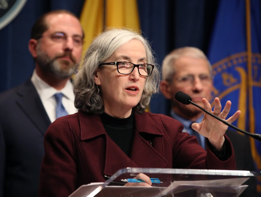 Centers for Disease Control and Prevention Principal Deputy Director Anne Schuchat speaks about the coronavirus while flanked by HHS Secretary Alex Azar (L) and National Institute of Allergy and Infectious Diseases Director Anthony Fauci during a briefing on the administration's response on Feb. 25, 2020. (Mark Wilson/Getty Images)