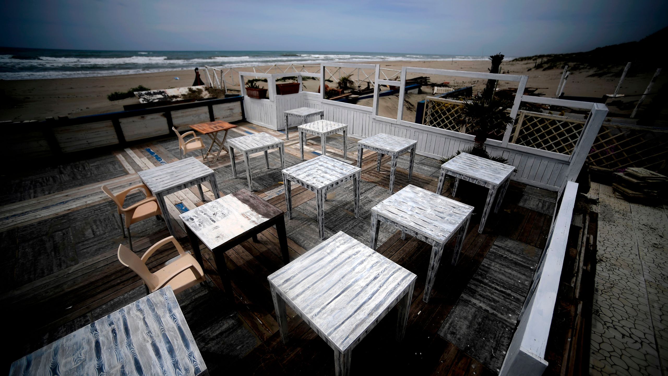 A view of an empty summer resort facility at Ostia beach in the outskirts of Rome on May 1, 2020, during the country's lockdown aimed at curbing the spread of the COVID-19 infection, caused by the novel coronavirus.(FILIPPO MONTEFORTE/AFP via Getty Images)