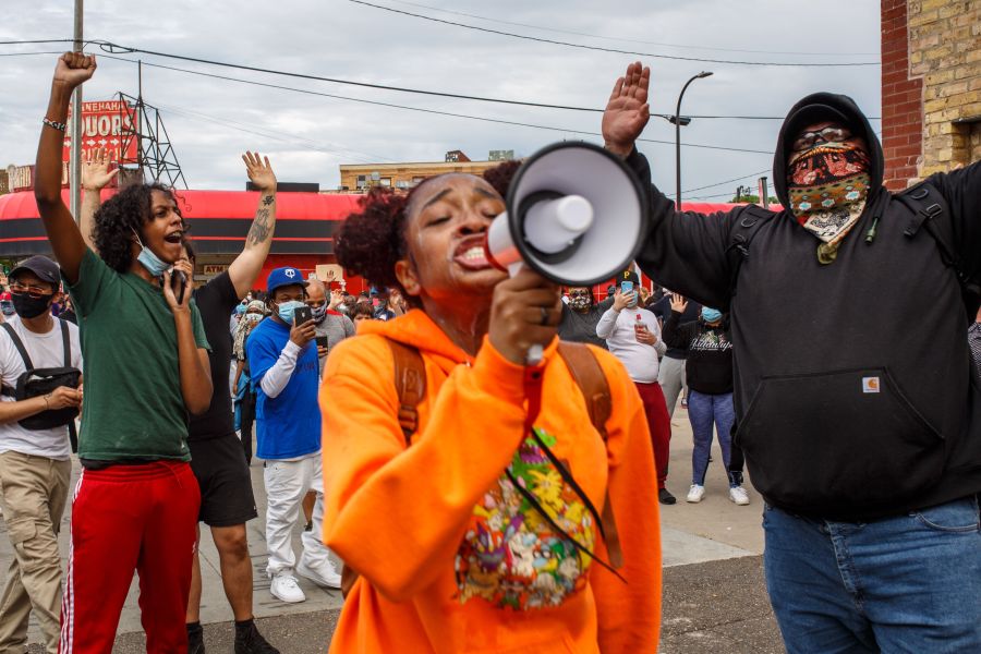 Protesters demonstrate against the death of George Floyd outside the Third Police Precinct in Minneapolis, Minnesota, on May 27, 2020. (Kerem Yucel / AFP / Getty Images)