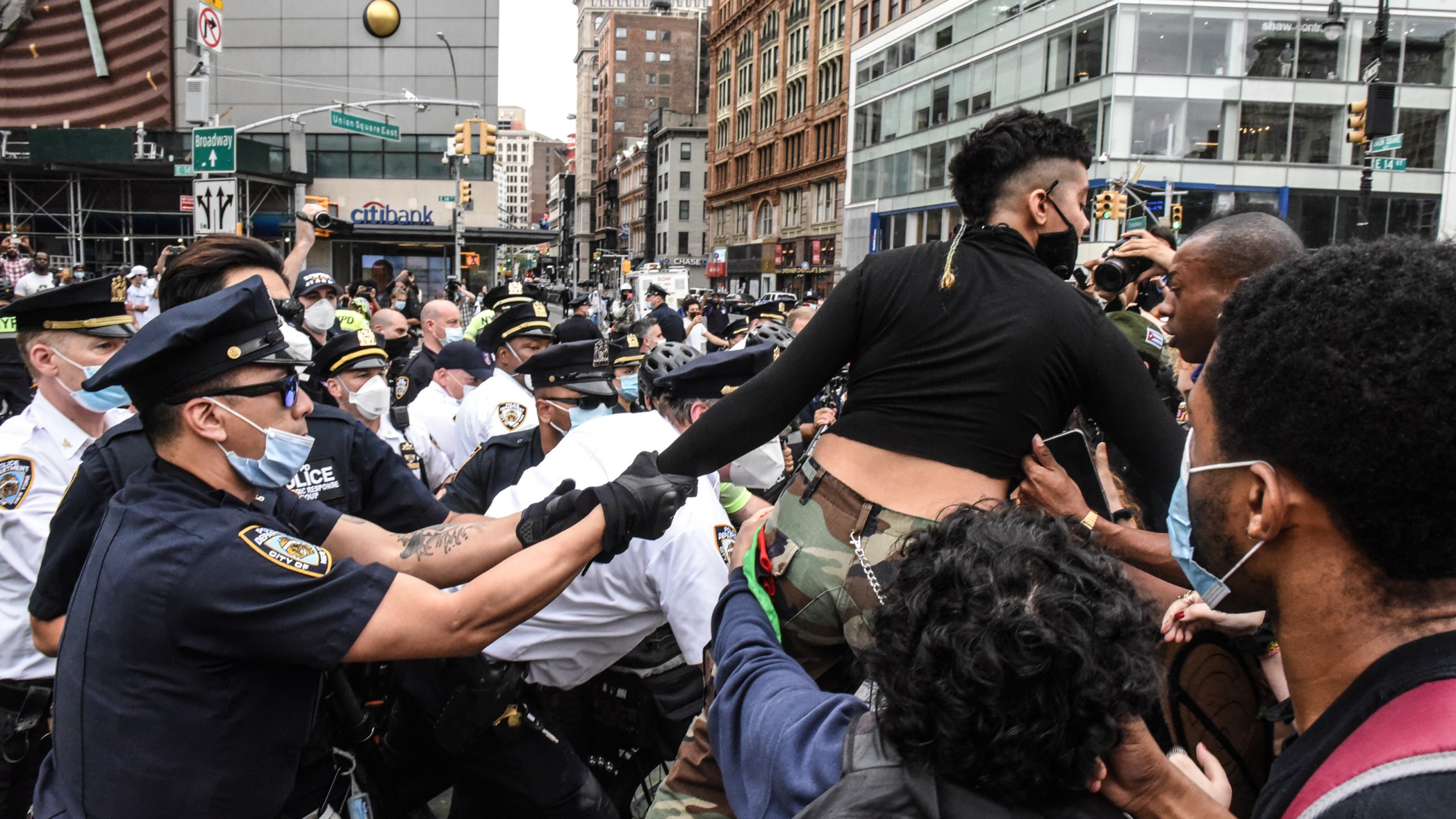 A protester is detained by New York City police during a rally against the death of George Floyd at the hands of police on May 28, 2020. (Stephanie Keith / Getty Images)