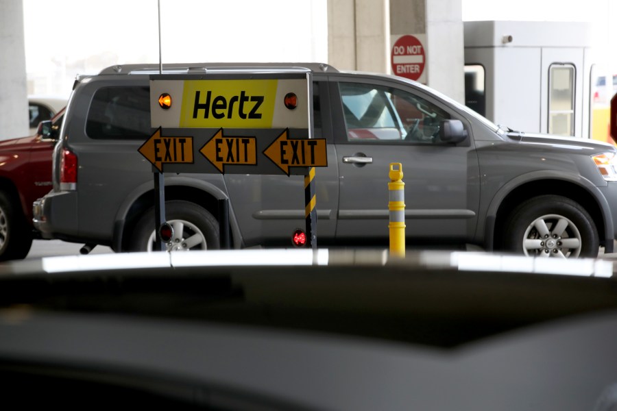 A sign is posted at the Hertz Rent-A-Car rental lot at San Francisco International Airport on April 30, 2020, in San Francisco, California. (Justin Sullivan/Getty Images)