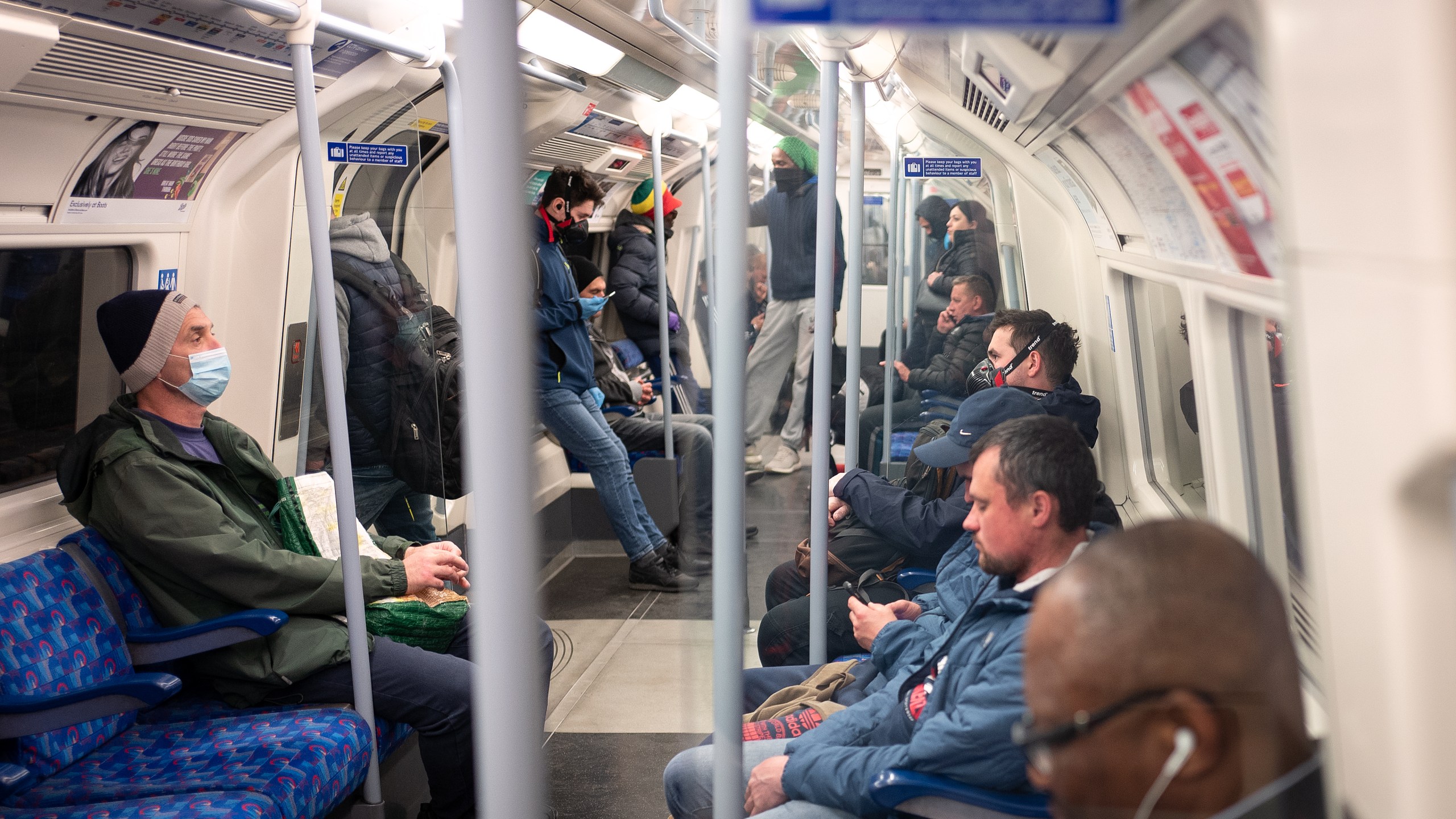 Commuters travel on the Jubilee line of the underground network during the evening rush hour on May 11, 2020, in London, England. (Leon Neal/Getty Images)