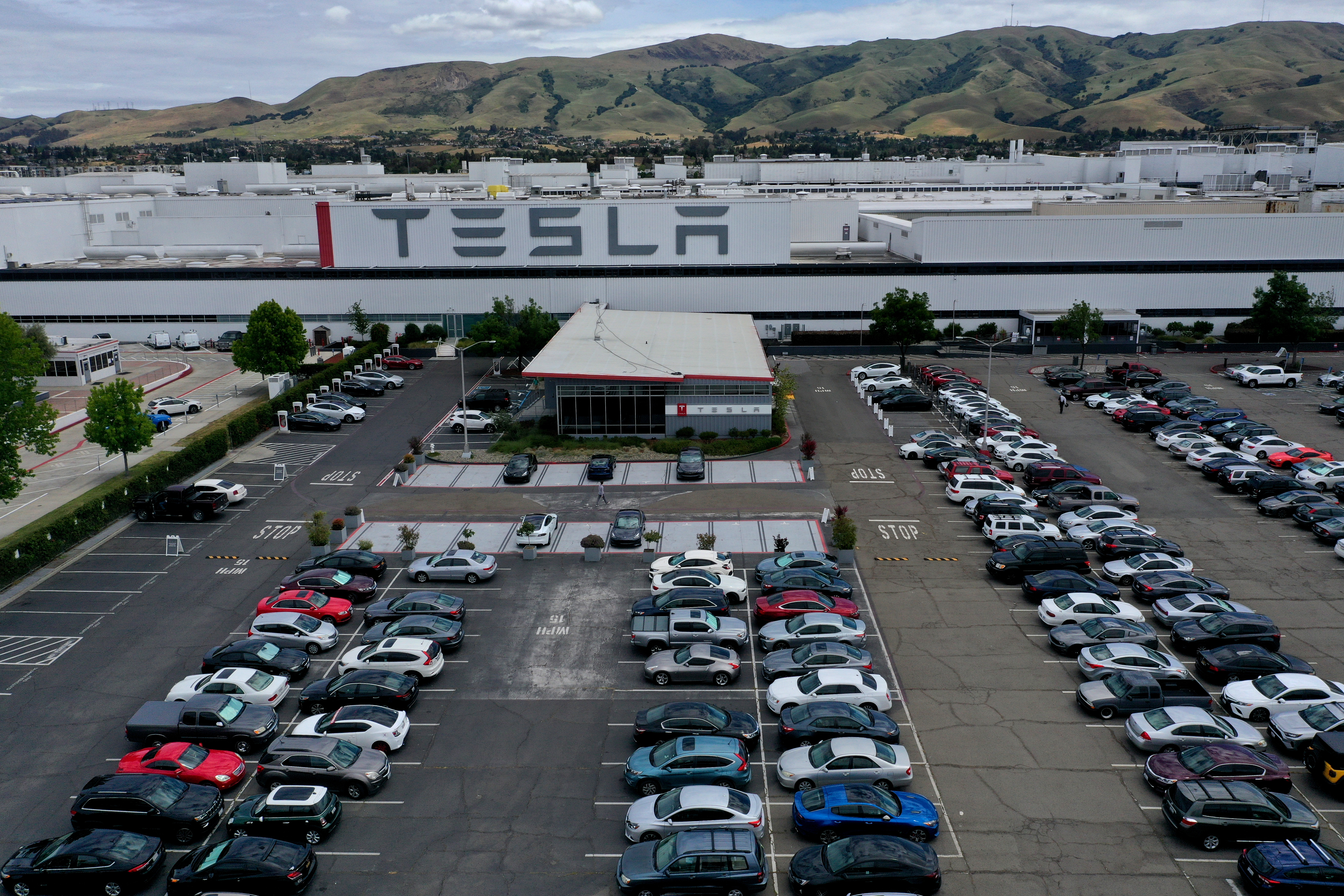 The Tesla factory in Fremont is seen on May 13, 2020. (Justin Sullivan / Getty Images)