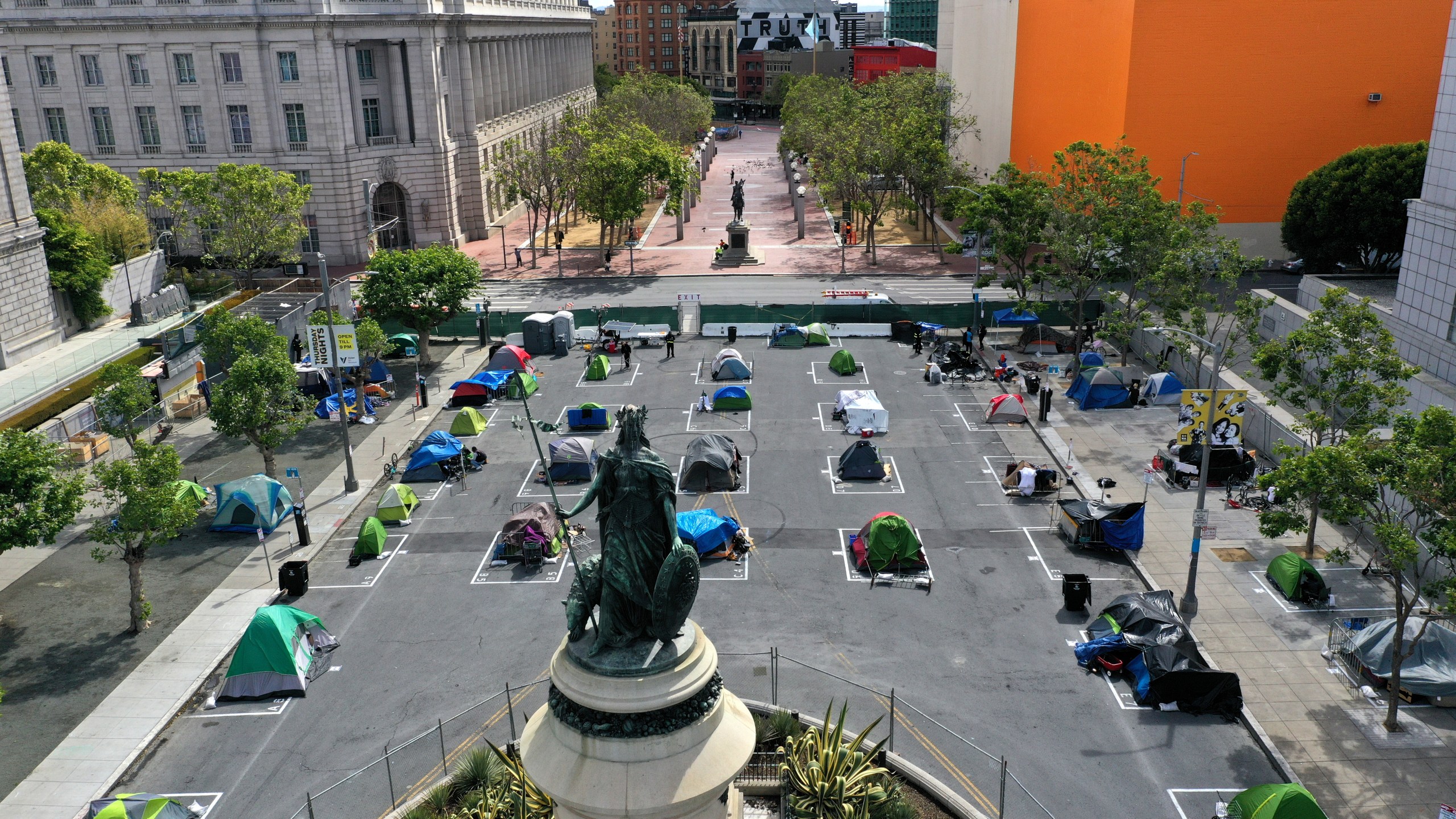 An aerial view of San Francisco's first temporary sanctioned tent encampment for the homeless on May 18, 2020 in San Francisco, California. (Photo by Justin Sullivan/Getty Images)