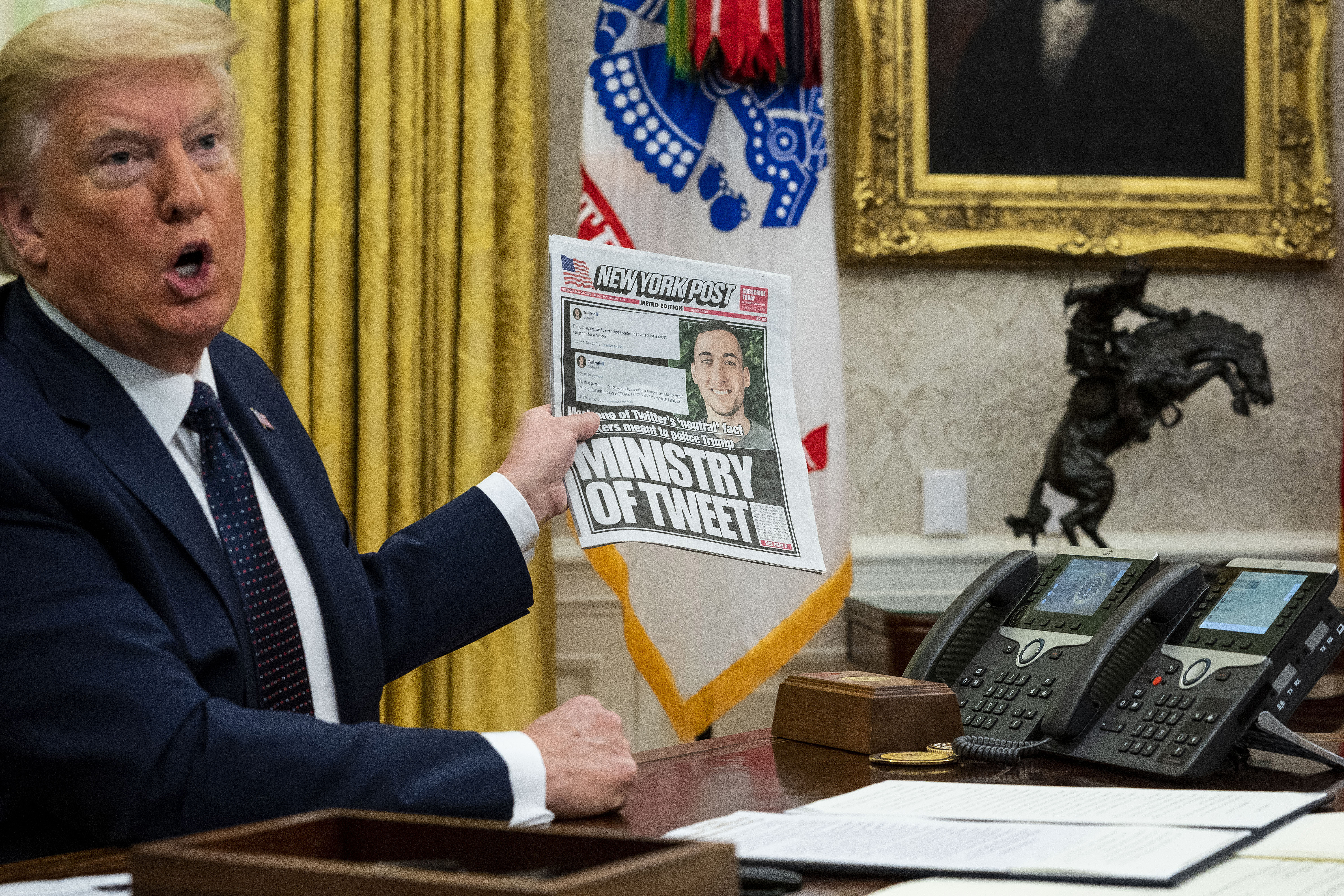 President Donald Trump speaks in the Oval Office before signing an executive order related to regulating social media on May 28, 2020. (Doug Mills-Pool/Getty Images)