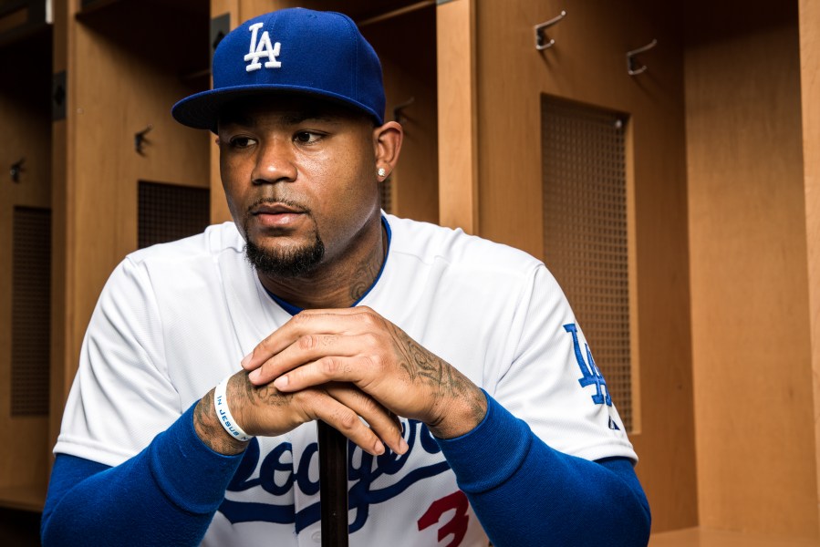 Carl Crawford, formerly #3 of the Los Angeles Dodgers, poses for a portrait during spring training photo day at Camelback Ranch on Feb. 28, 2015, in Glendale, Arizona. (Rob Tringali/Getty Images)