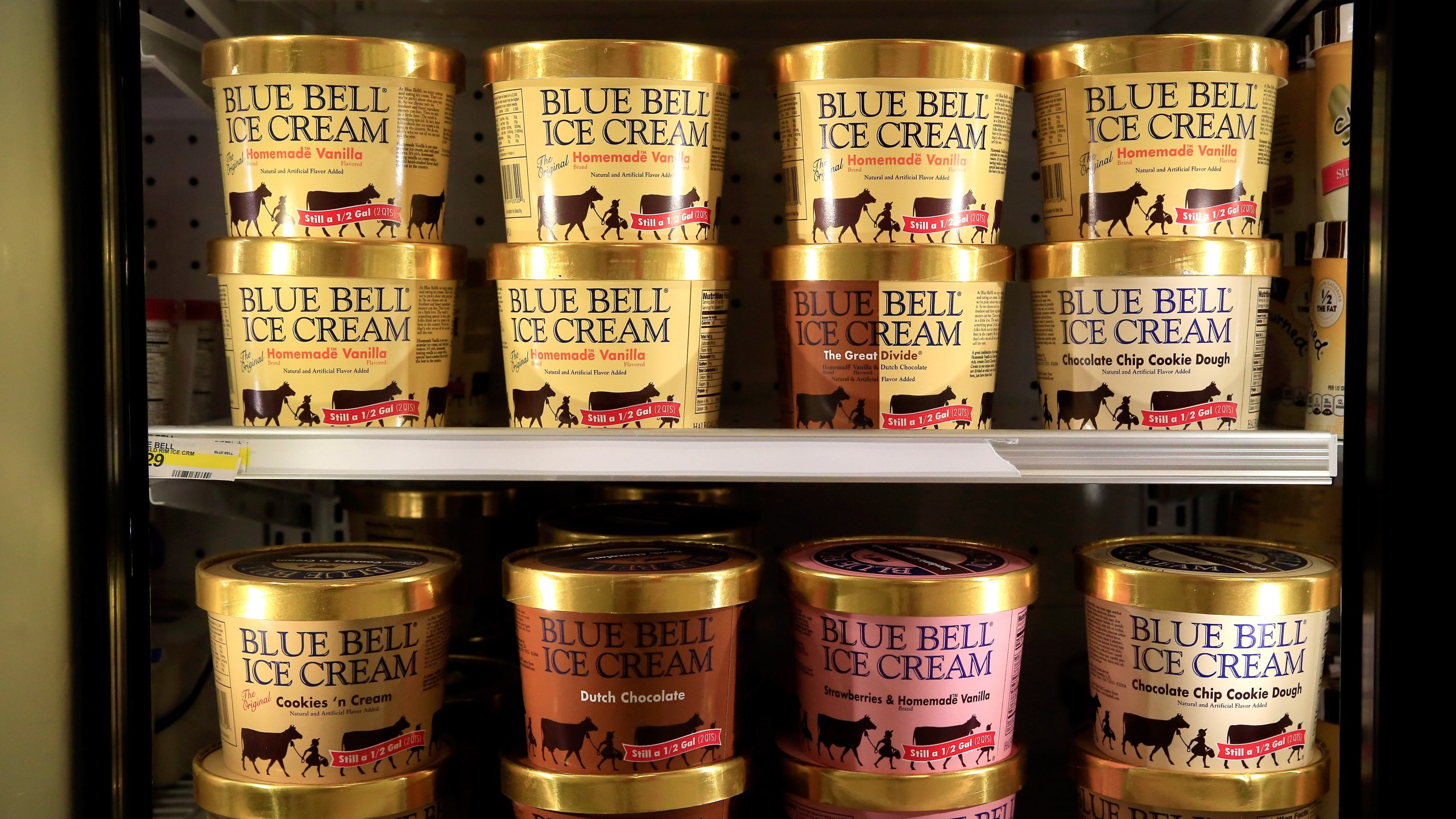 Blue Bell Ice Cream is seen on shelves of an Overland Park grocery store prior to being removed on April 21, 2015 in Overland Park, Kansas. Blue Bell Creameries recalled all products following a Listeria contamination. (Jamie Squire/Getty Images)