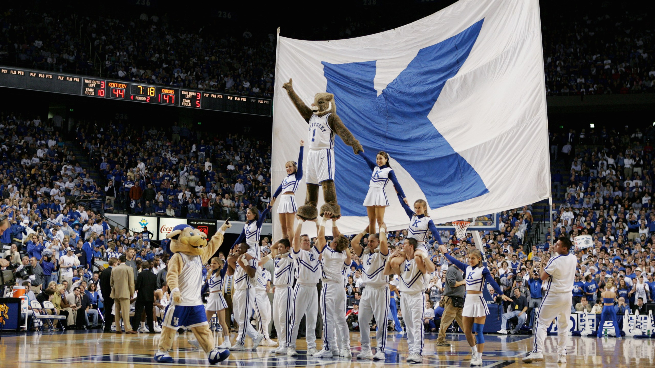 The mascots and cheerleaders of the Kentucky Wildcats build a pyramid during the game against the Kansas Jayhawks on January 9, 2005 at Rupp Arena in Lexington, Kentucky. (Andy Lyons/Getty Images)