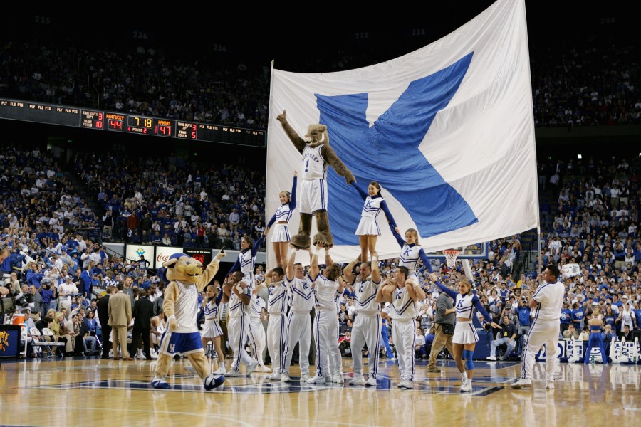 The mascots and cheerleaders of the Kentucky Wildcats build a pyramid during the game against the Kansas Jayhawks on January 9, 2005 at Rupp Arena in Lexington, Kentucky. (Andy Lyons/Getty Images)