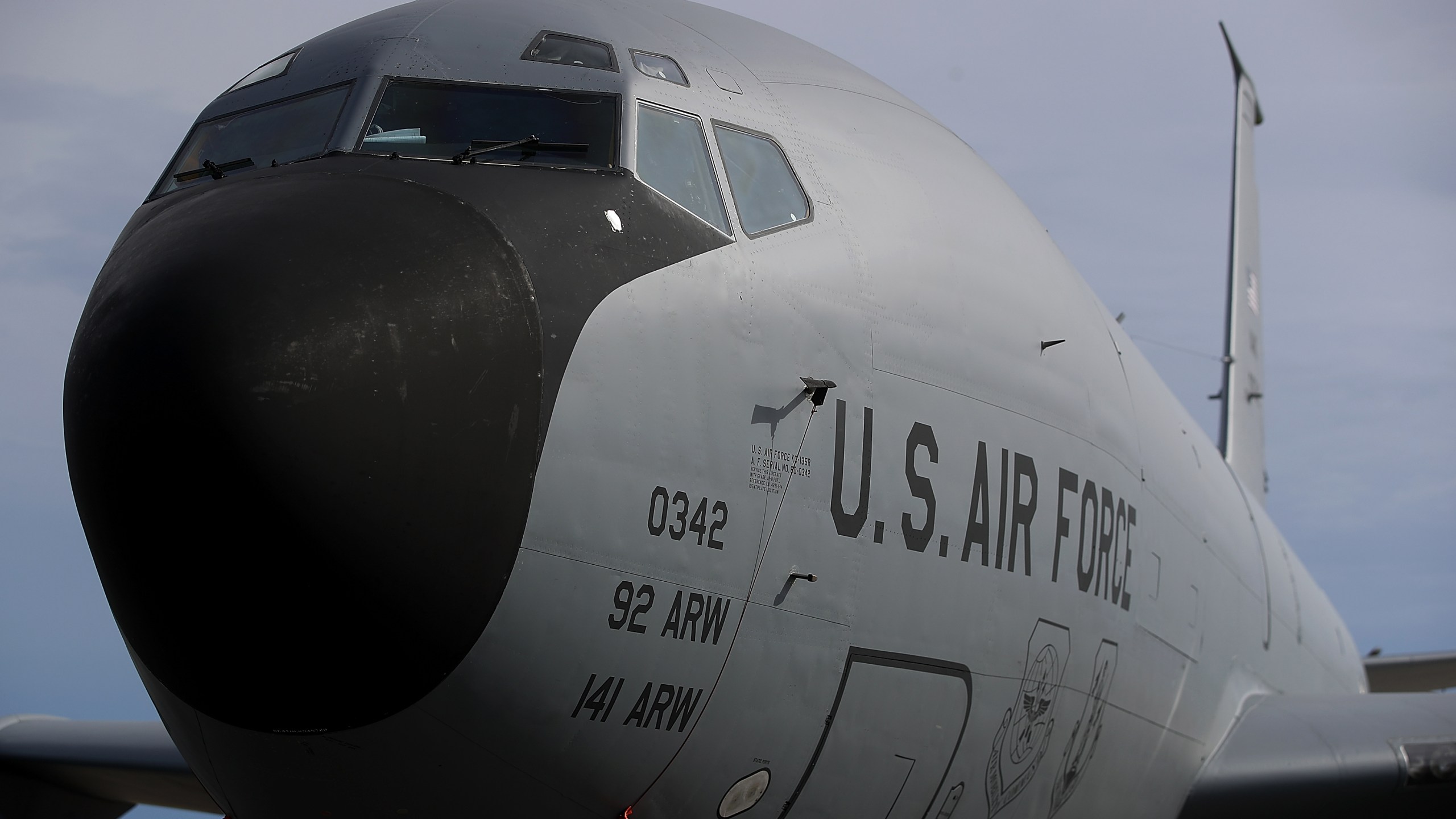 A U.S. Air Force Boeing KC-135 Stratotanker sits on the tarmac at Andersen Air Force base on August 17, 2017 in Yigo, Guam. (Justin Sullivan/Getty Images)