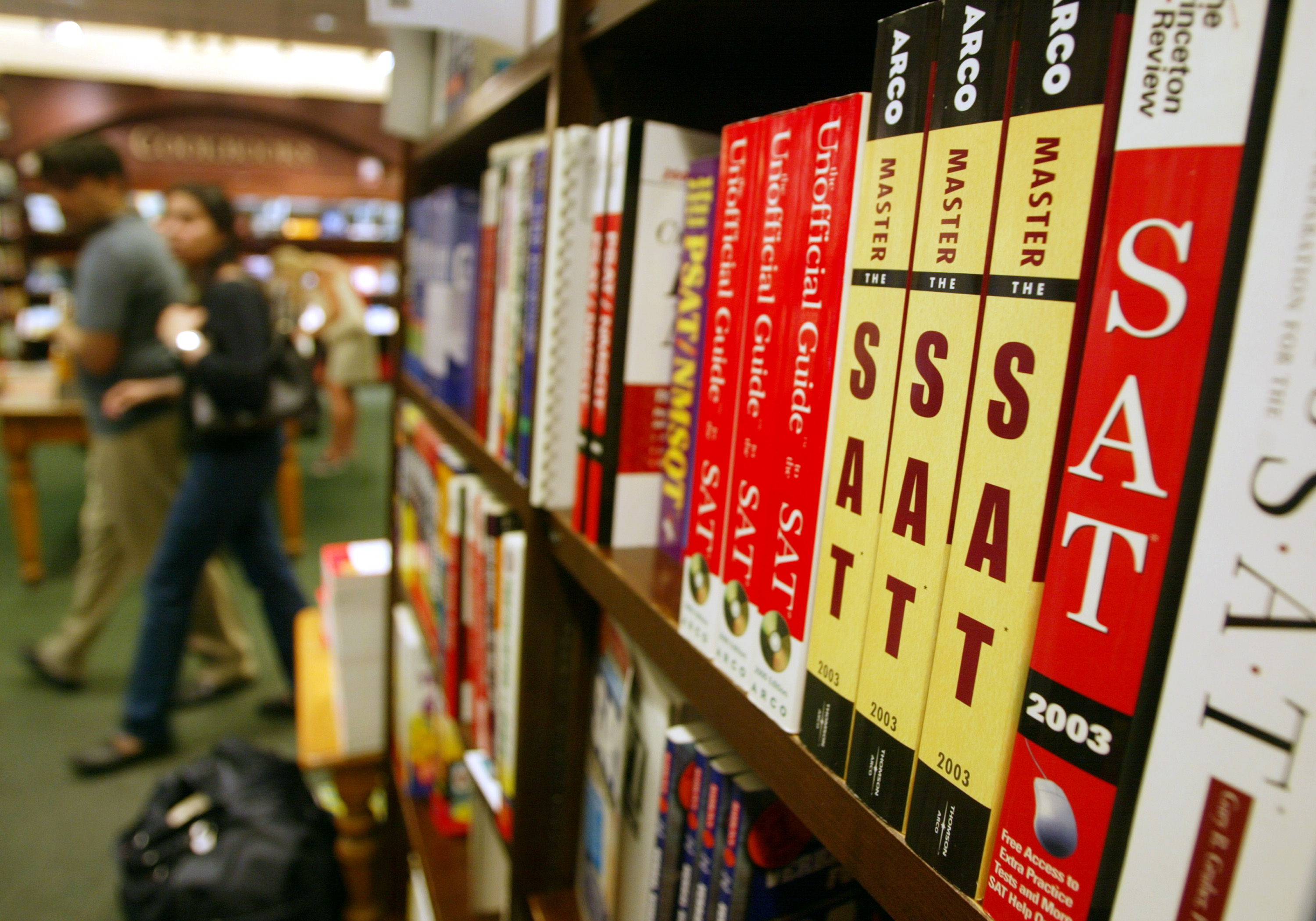 SAT test preparation books sit on a shelf at a Barnes and Noble store June 27, 2002, in New York City. (Mario Tama/Getty Images)