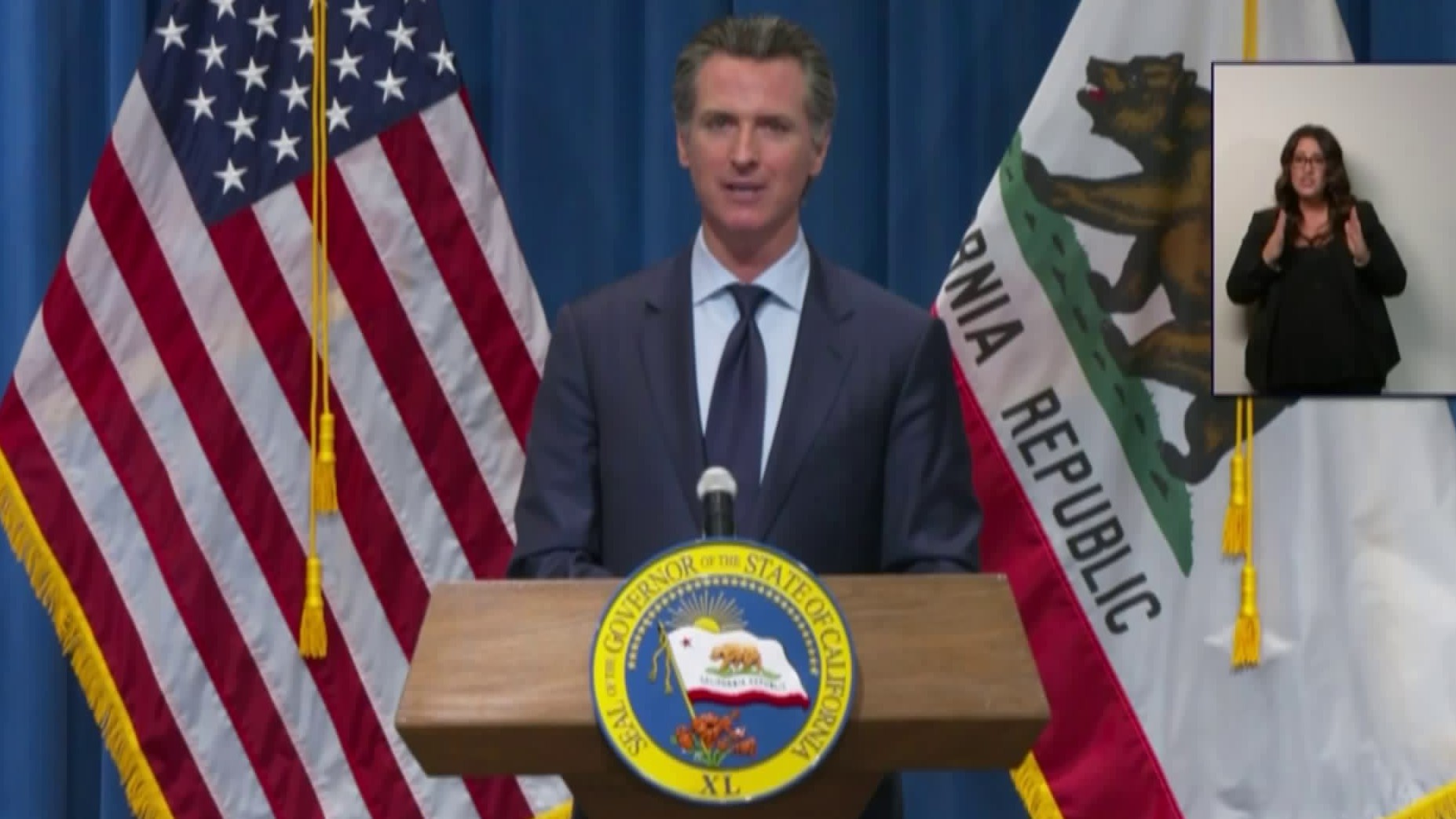 Gov. Gavin Newsom speaks at a news conference on May 14, 2020. (Pool)