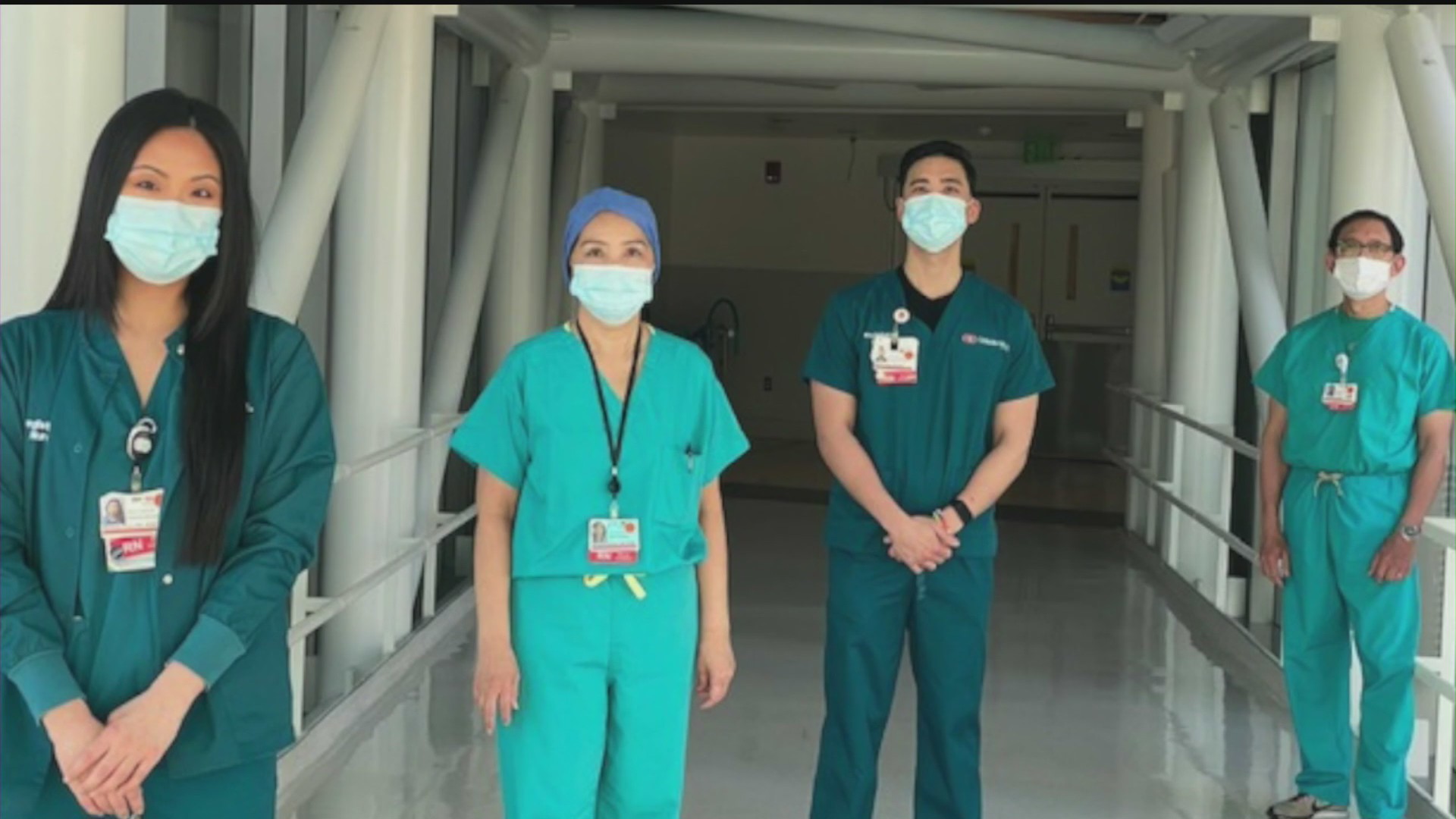 The members of the Rue family, who all work as nurses at Cesars Sinai Hospital in Los Angeles, pictured in an undated photo obtained by KTLA.