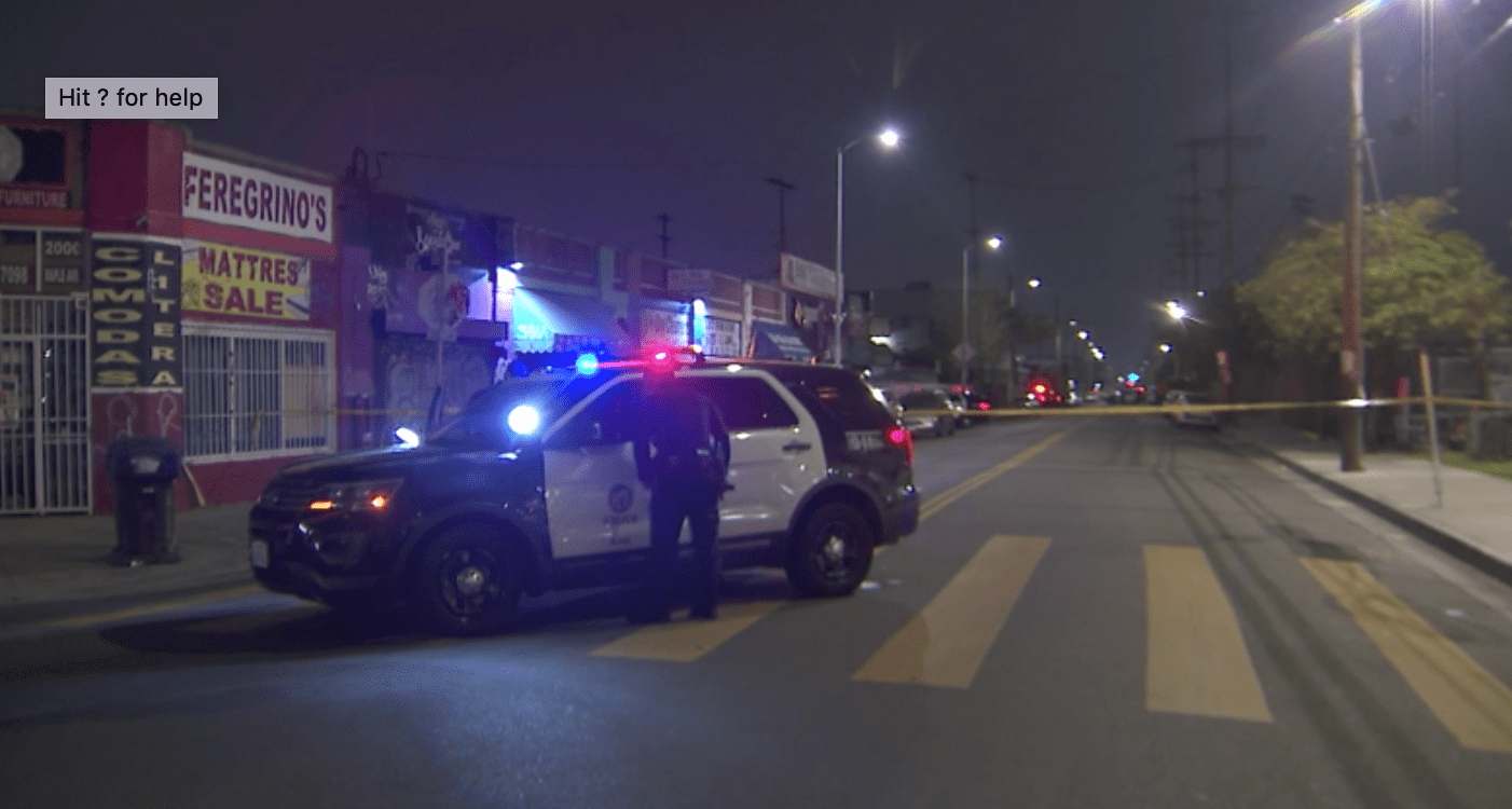 During the early morning hours of May 1, 2020, police appear at the scene of a shooting in Historic South-Central L.A. where officers shot and killed a man suspected of fleeing the scene of a vehicle crash. (KTLA)