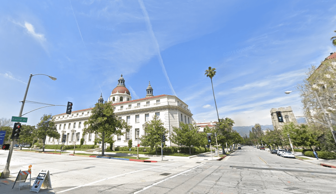 A Google Maps image shows the street outside Pasadena City Hall.