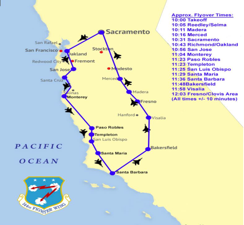 A California National Guard map shows the route of a flyover to salute health care workers in California on May 13, 2020.