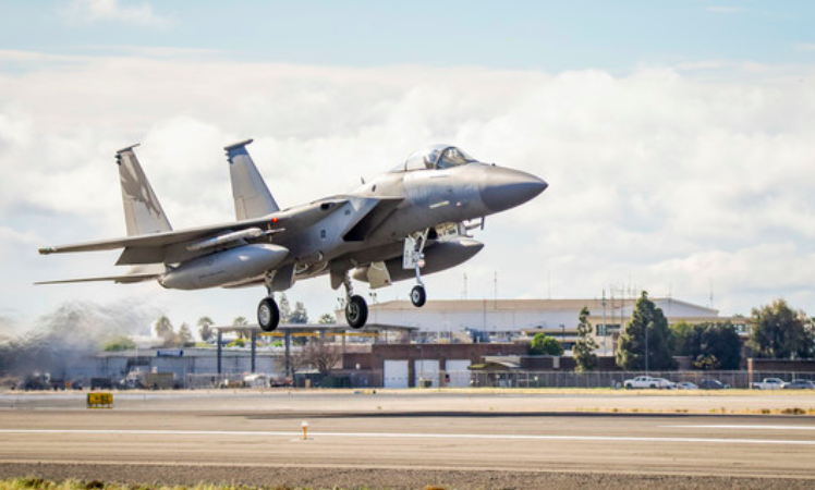 An F-15C Eagle from the 144th Fighter Wing takes off from the Fresno Yosemite International Airport on Mar. 17, 2020. (U.S. Air National Guard photo by Capt. Jason Sanchez)