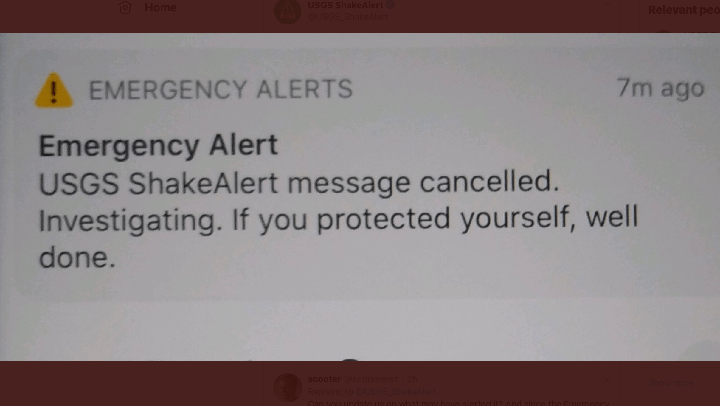 A cancellation alert sent to Ridgecrest residents' phones on May 21, 2020. (USGS)