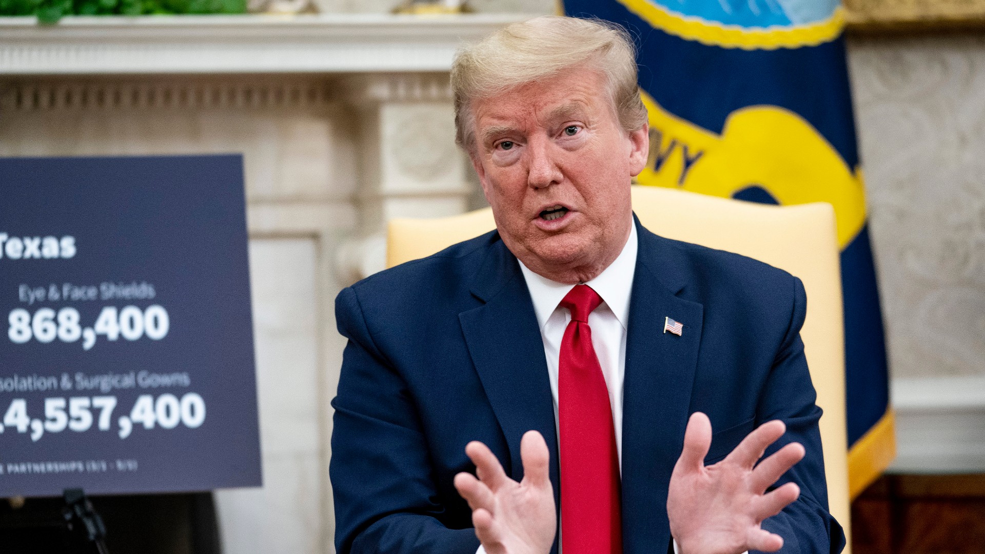 U.S. President Donald Trump speaks to reporters while hosting Texas Governor Greg Abbott about what his state has done to restart business during the novel coronavirus pandemic in the Oval Office at the White House May 07, 2020 in Washington, DC. (Doug Mills-Pool/Getty Images)