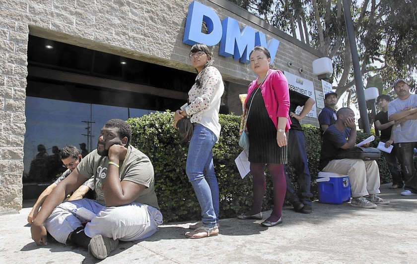 The California Department of Motor Vehicles plans to reopen the last of its closed field offices by Thursday, but new physical distancing rules will prohibit the kinds of crowded situations seen before the pandemic.(Luis Sinco / Los Angeles Times)