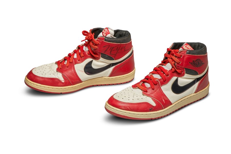 A pair of Jordan's game-worn and autographed Nike Air Jordan 1 shoes from 1985. (Sotheby's via CNN)