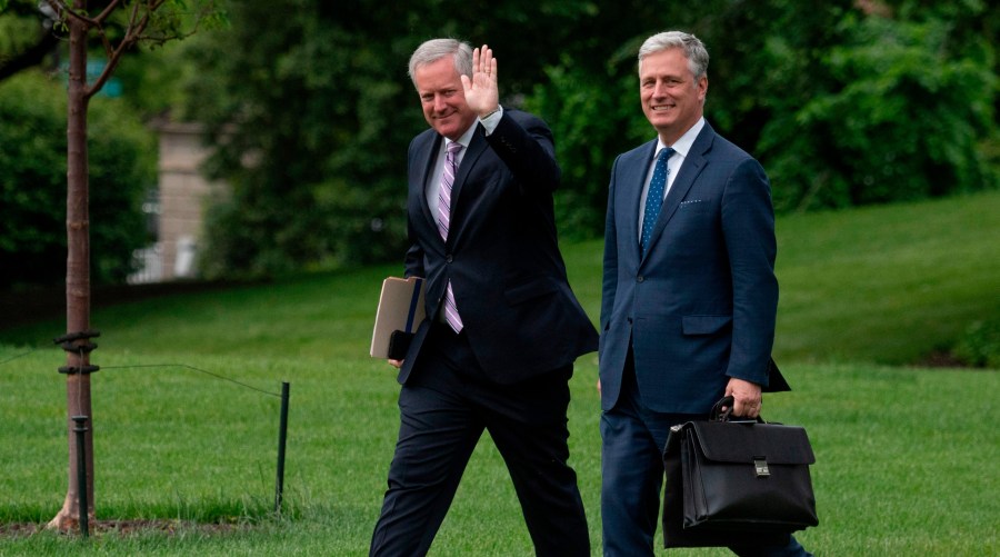 National Security Advisor Ambassador Robert O'Brien (R) and White House Chief of Staff Mark Meadows depart the White House, on May 5, 2020, in Washington, D.C. en route to Arizona, where President Donald Trump will tour a mask factory and hold a roundtable on Native American issues. (JIM WATSON/AFP via Getty Images)