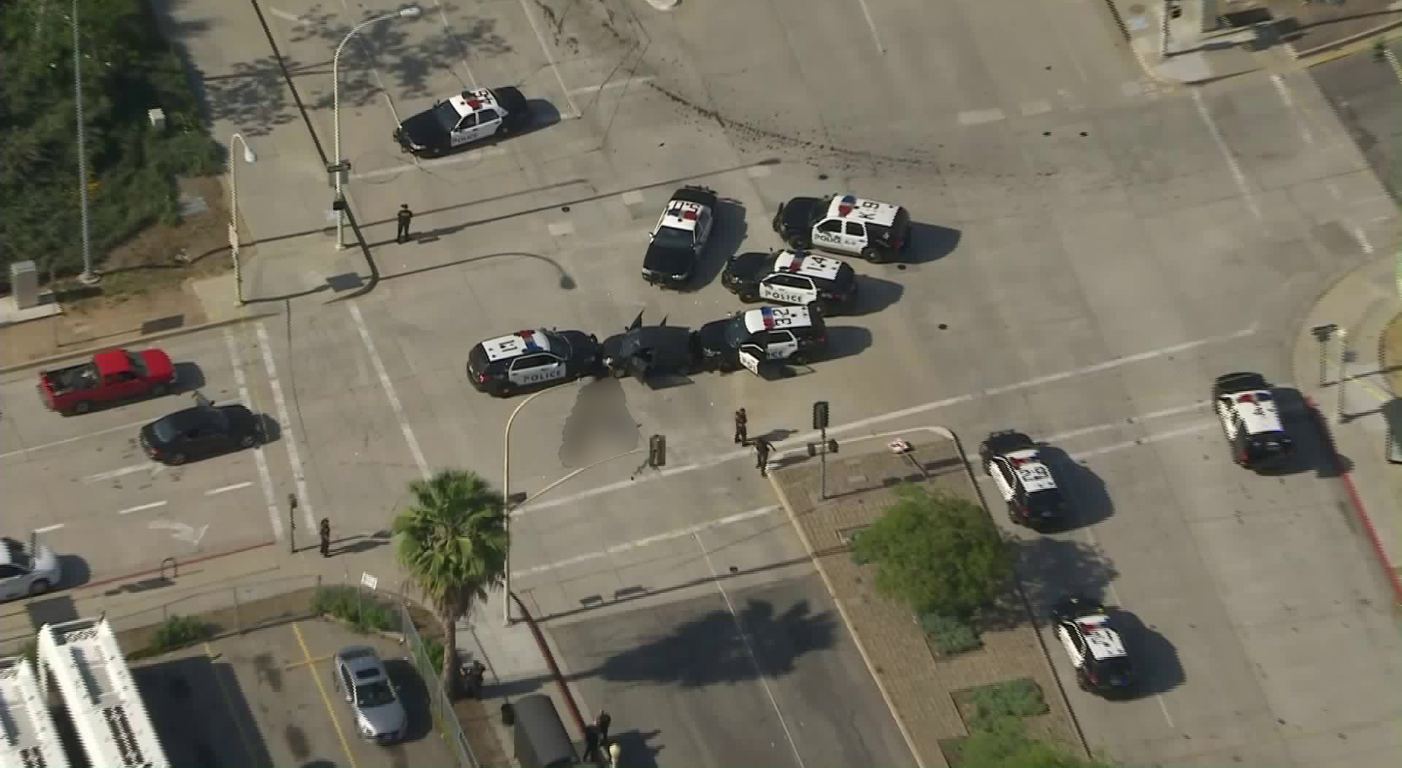 Authorities respond to a police shooting in Pasadena on May 8, 2020. (KTLA)