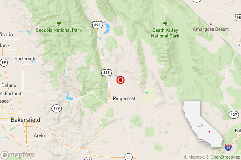 A map shows where a magnitude 3.8 earthquake hit in the Ridgecrest area at 5:55 a.m. on May 24, 2020. (Los Angeles Times)