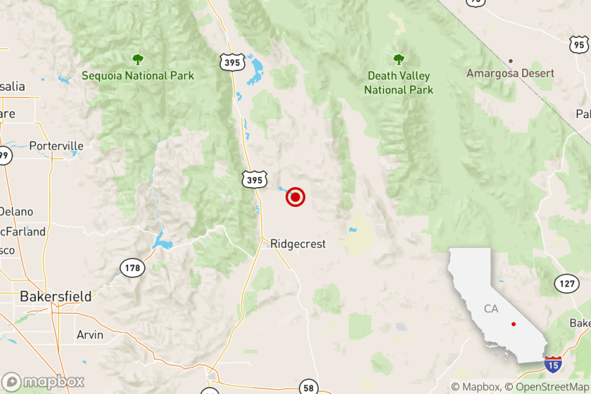 A map from the Los Angeles Times shows where a magnitude 3.1 earthquake hit at 6:49 a.m. on May 17, 2020 near Ridgecrest.