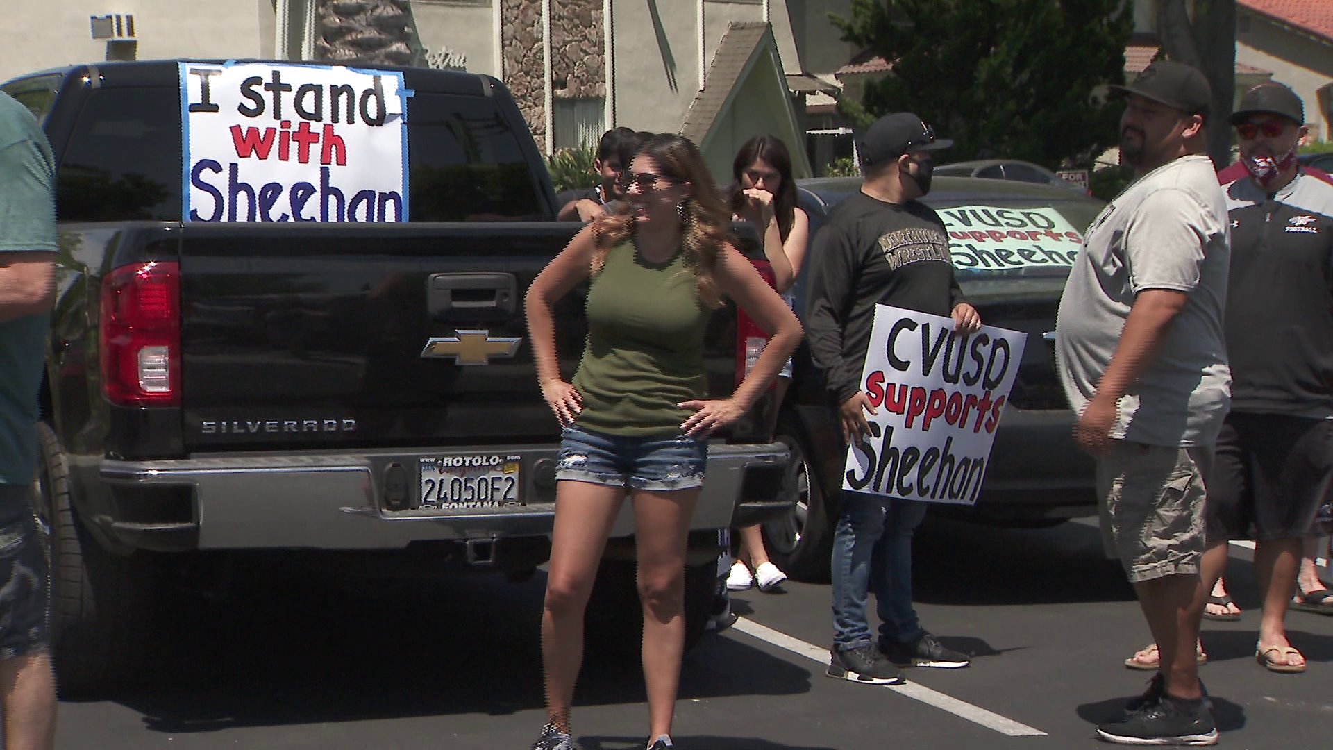 Protesters rally in support of Covina Valley School District Superintendent Richard Sheehan on May 17, 2020, in Covina. Sheehan was accused of misconduct involving students, according to police.