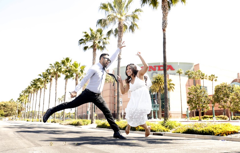 Russel and Kathleen Sion of Torrance were married at the Honda Center in Anaheim, where the Orange County clerk recorder is holding weddings and issuing licenses. (Christina House / Los Angeles Times)