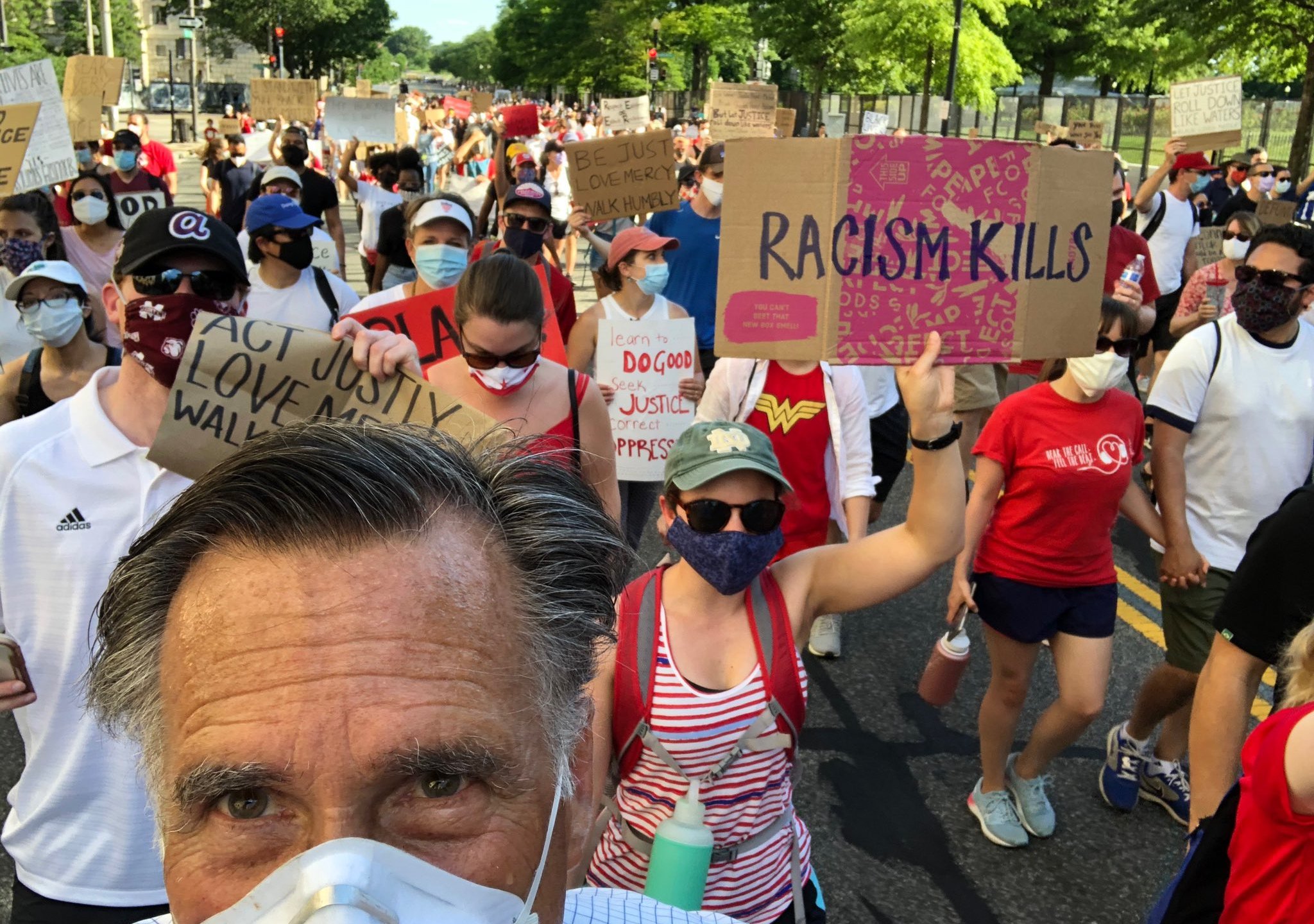 Senator Mitt Romney tweeted a photo of himself marching in solidarity with Black Lives Matter in Washington D.C. on June 7, 2020.