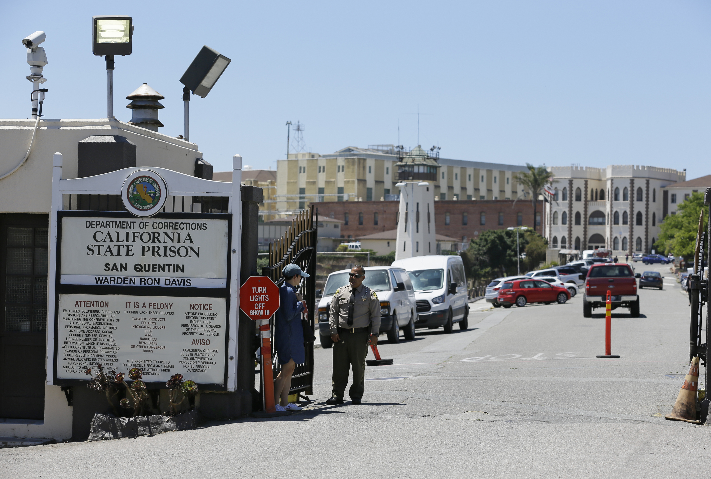 In this photo taken Wednesday, July 24, 2019, is the main entryway leading into San Quentin State Prison in San Quentin, Calif. (AP Photo/Eric Risberg)