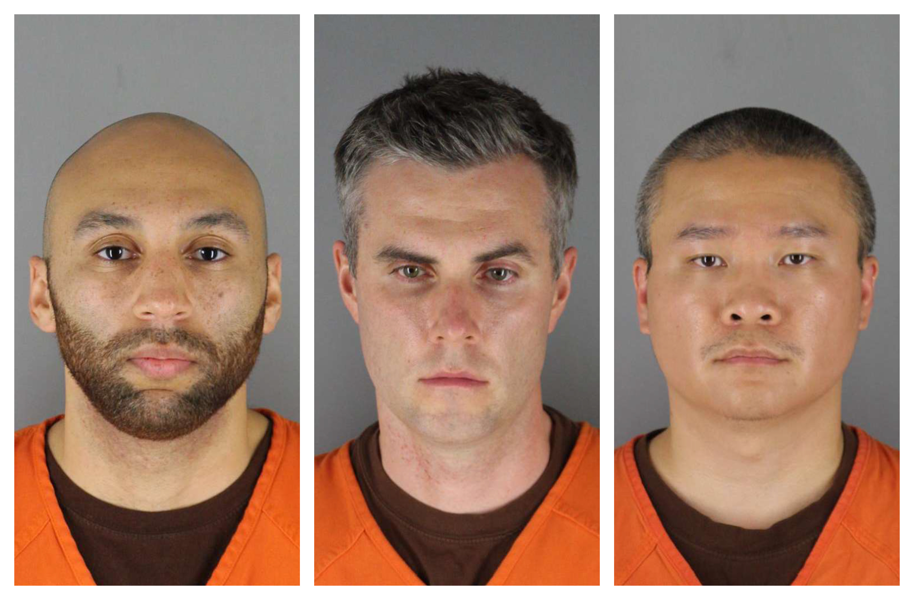 This combination of photos provided by the Hennepin County Sheriff's Office in Minnesota on Wednesday, June 3, 2020, shows J. Alexander Kueng, from left, Thomas Lane and Tou Thao. They have been charged with aiding and abetting Derek Chauvin, who is charged with second-degree murder of George Floyd, a black man who died after being restrained by the Minneapolis police officers on May 25. (Hennepin County Sheriff's Office via CNN)