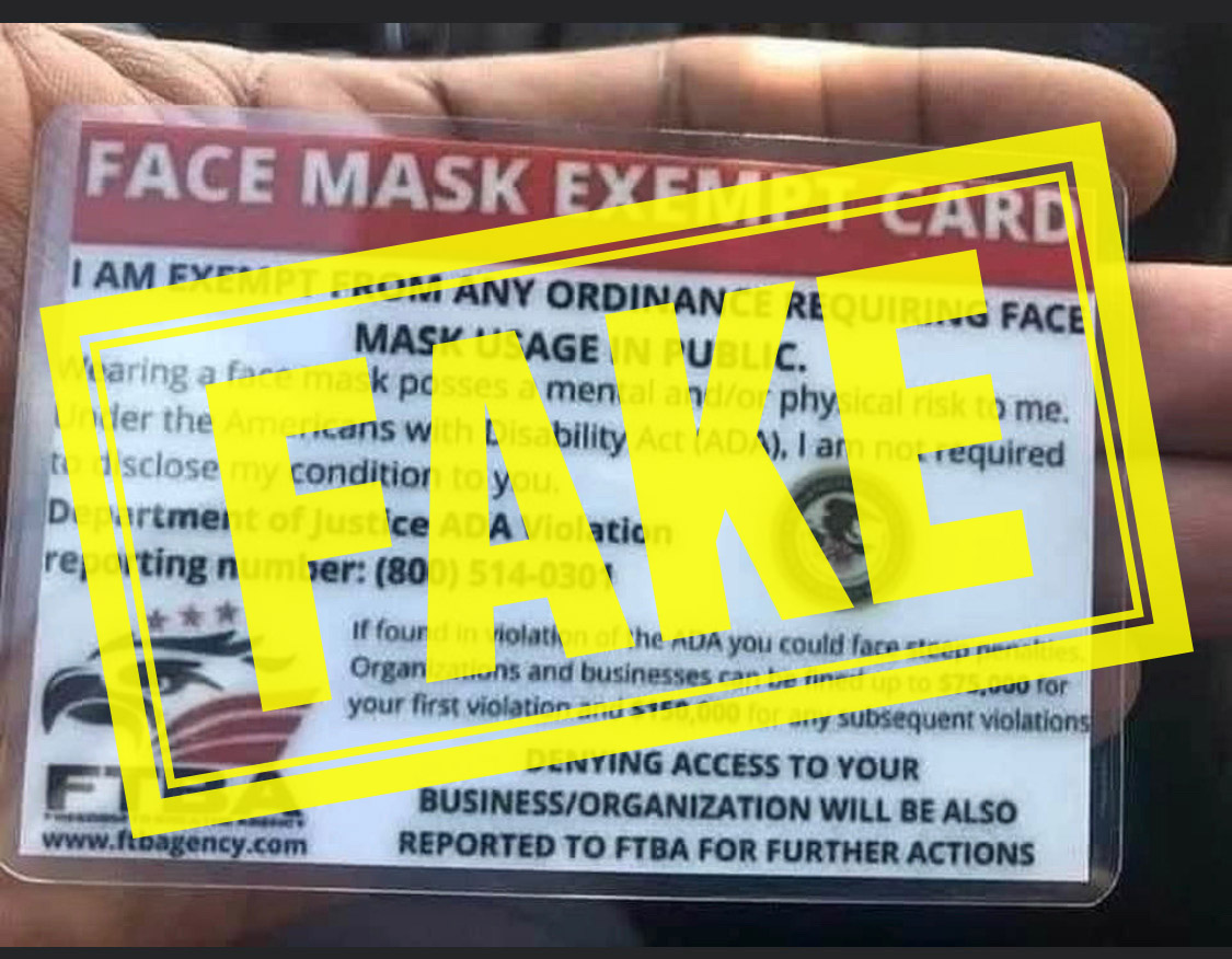 The L.A. County Department of Public Health shared this image of the fake face mask exemption card circulating online.