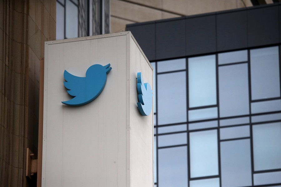 A sign is posted on the exterior of Twitter headquarters on July 26, 2018, in San Francisco. (Justin Sullivan/Getty Images