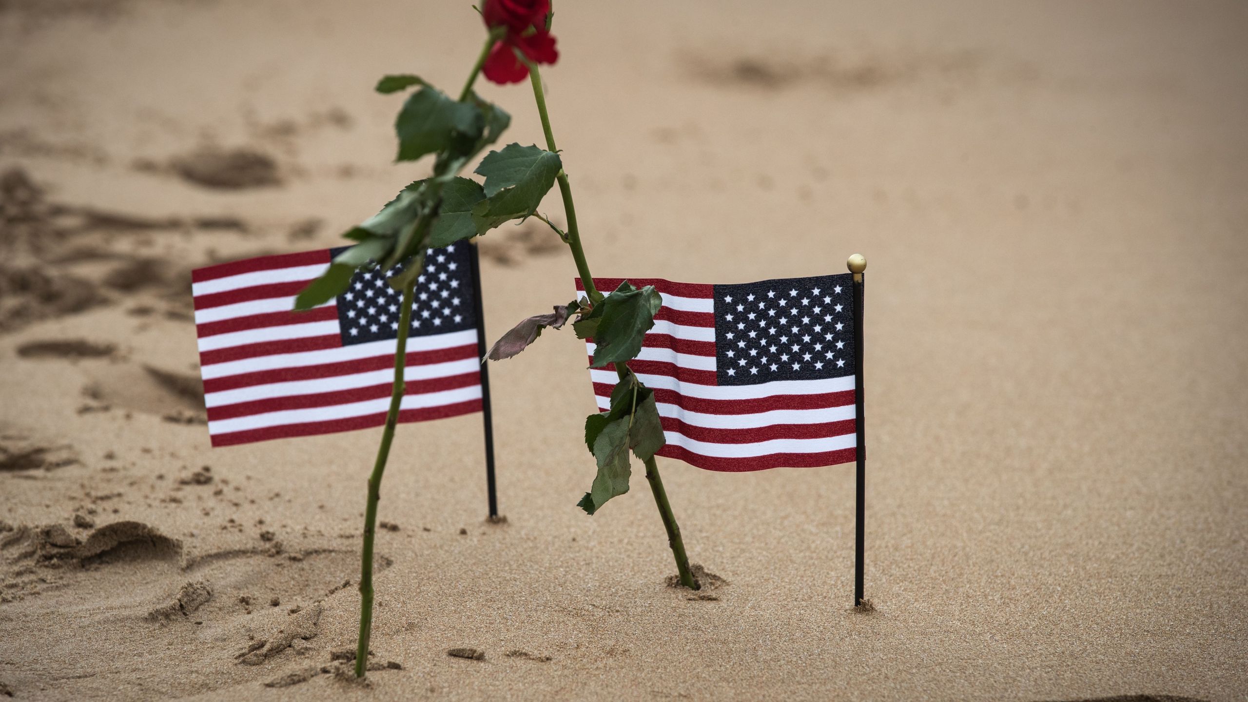 Two roses and two US flags are pictured on Omaha beach in Saint-Laurent-sur-Mer, Normandy, on June 5, 2019, on the sidelines of the D-Day commemorations marking the 75th anniversary of the World War II Allied landings in Normandy. (JOEL SAGET/AFP via Getty Images)