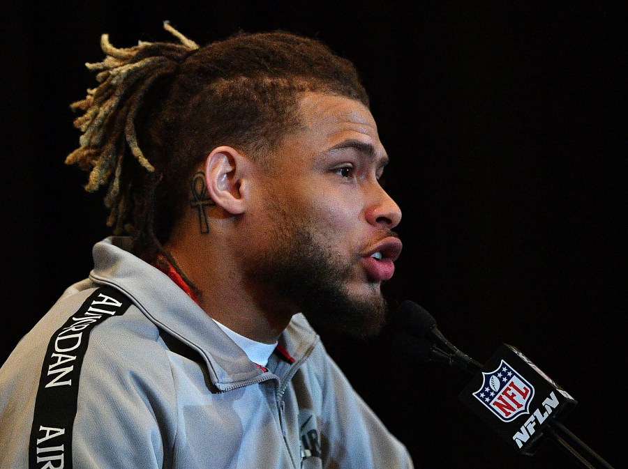 Tyrann Mathieu #32 of the Kansas City Chiefs speaks to the media during the Kansas City Chiefs media availability prior to Super Bowl LIV at the JW Marriott Turnberry on January 30, 2020 in Aventura, Florida. (Mark Brown/Getty Images)