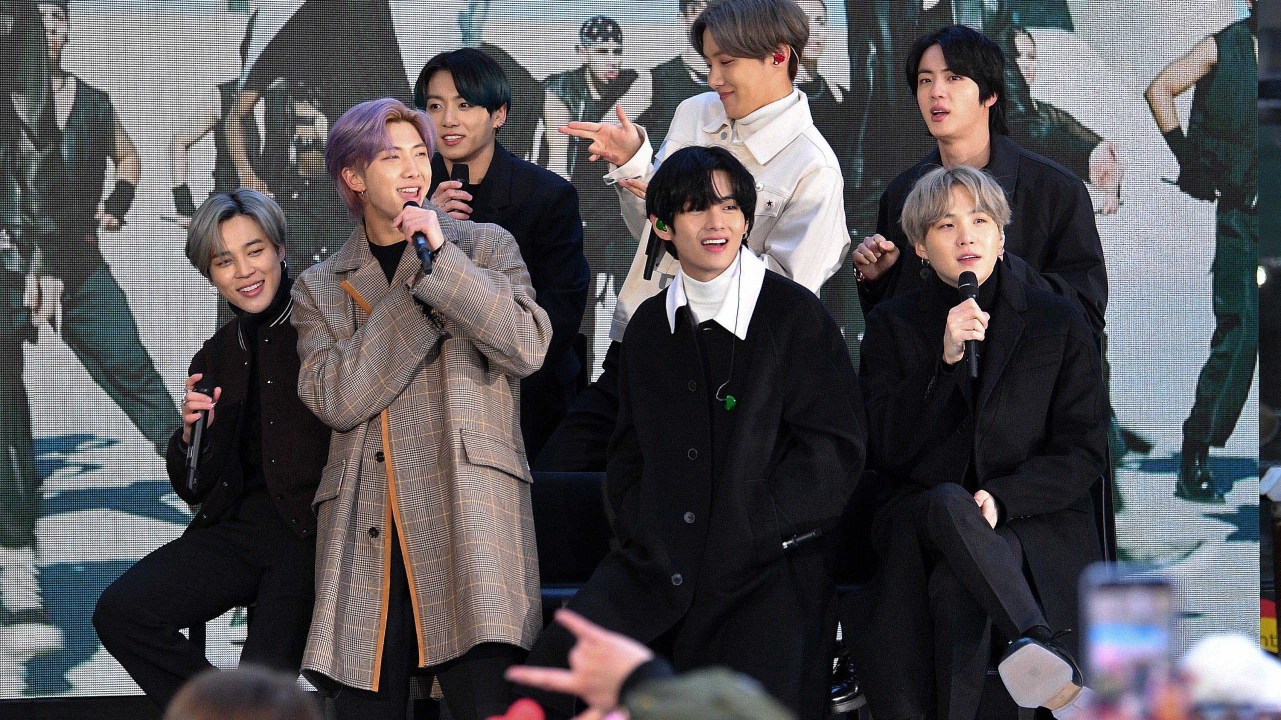 From left: Jimin, RM, Jungkook, V, J-Hope, Jin, and SUGA of the K-pop boy band BTS visit the "Today" show in New York City on Feb. 21, 2020. (Dia Dipasupil / Getty Images)