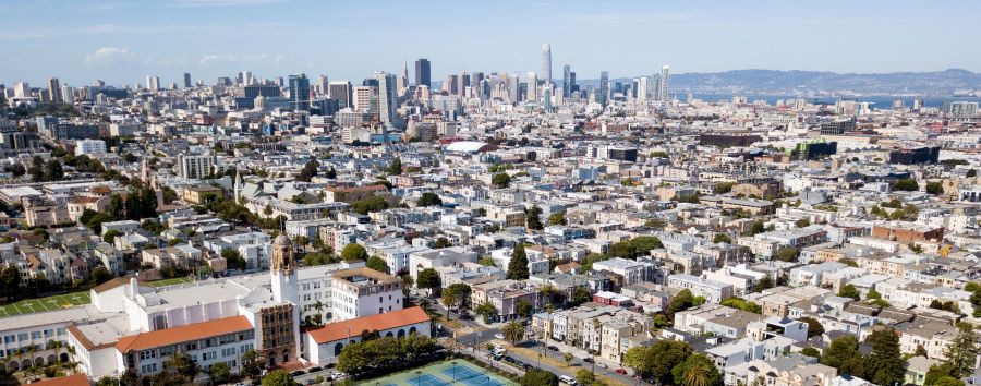 An aerial panoramic view shows San Francisco skyline from Dolores Park in San Francisco on May 22, 2020. (JOSH EDELSON/AFP via Getty Images)