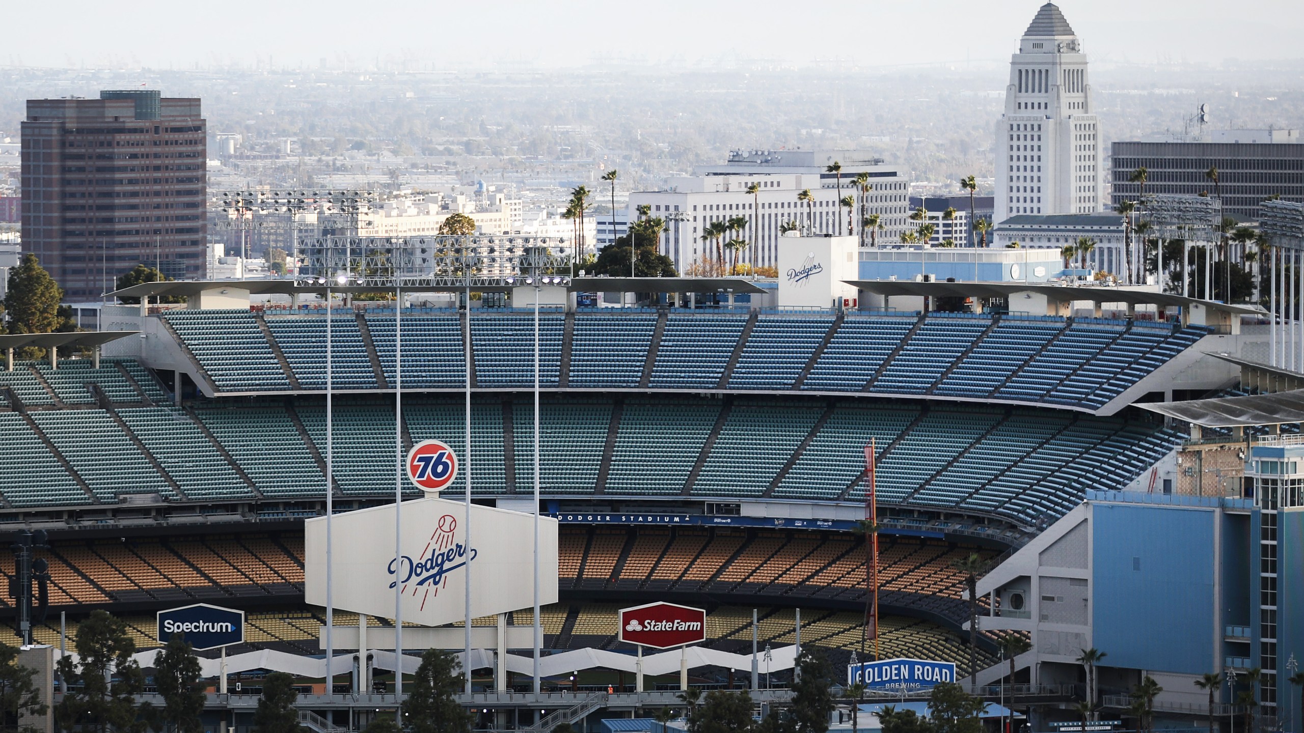 Dodger Stadium is viewed on what was supposed to be opening day, postponed due to the coronavirus, on March 26, 2020. (Mario Tama / Getty Images)