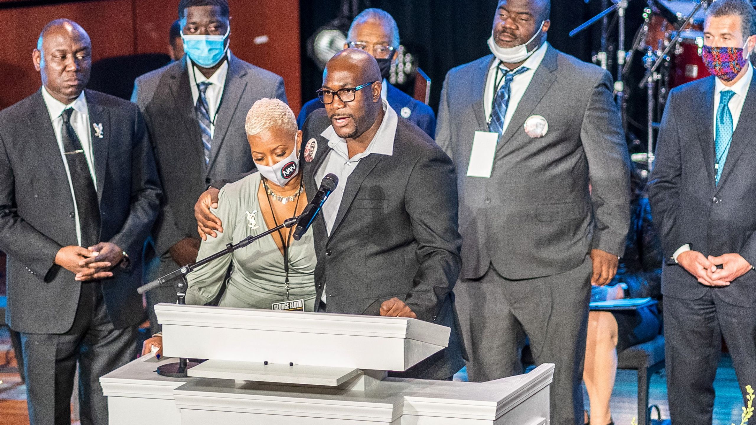 George Floyd's brother Philonise Floyd stands with cousin Shareeduh Tate as he speaks during a memorial service in honor of his brother on June 4, 2020, at North Central University's Frank J. Lindquist Sanctuary in Minneapolis, Minn. (KEREM YUCEL/AFP via Getty Images)